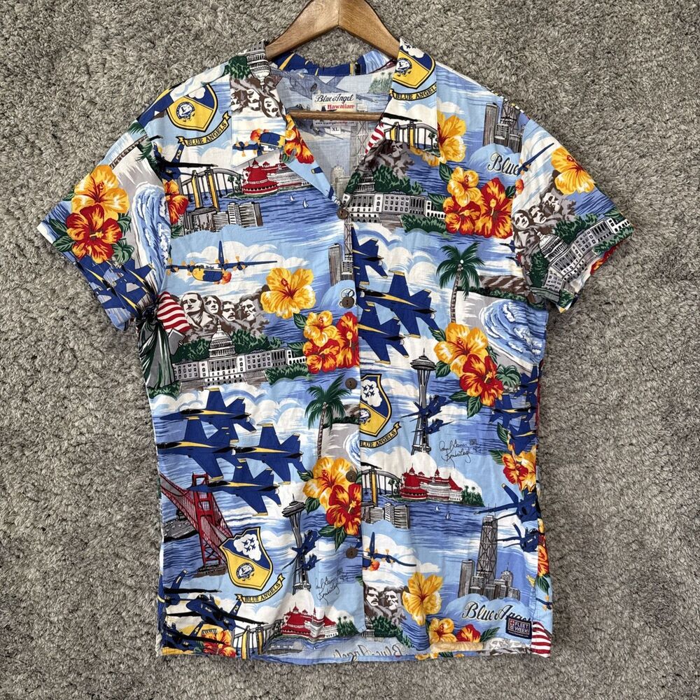 Blue Angel Hawaiian Shirt Button Down Collared XL *RUNS SMALL Colorful Novelty